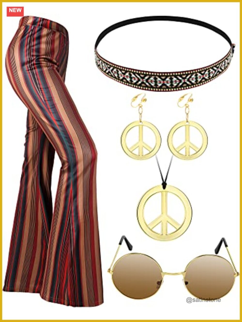 Hippie Costume Set Flared Pants Headband Sunglasses Necklace Earrings Boho